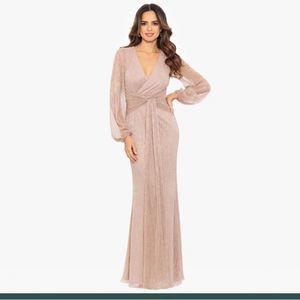 NEW Betsy and Adam Metallic Surplice Knotted Long Sleeve V-Neck Gown- Size 16